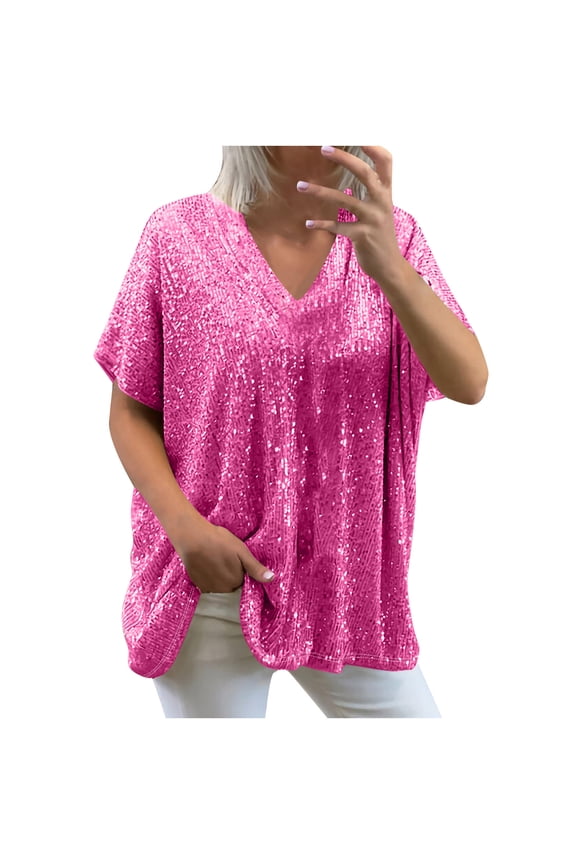 Sparkly Tops for Women Women'S V Neck Sequins Tops Short Sleeve Shimmer Glitter Tops Party Club Blouses T Shirts Elegant Oversized Tunic Tees Shirts Swing Tops