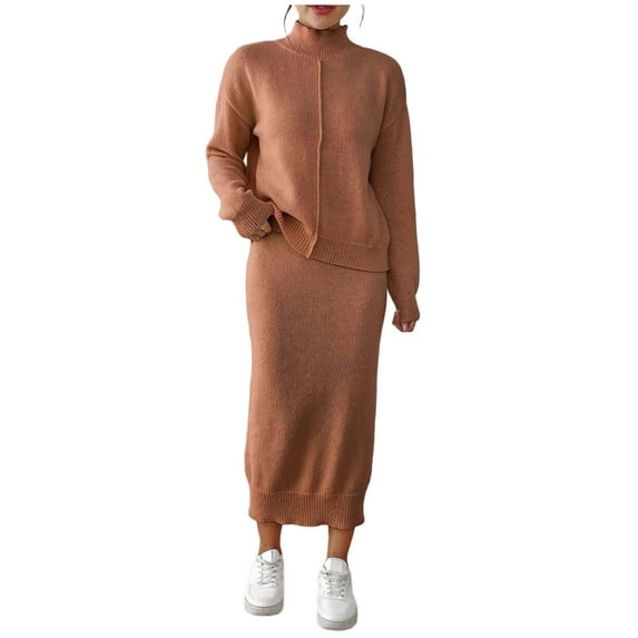 zfwon Sweater Sets Women 2 Piece Outfit Women's High Neck Sweater and Midi Skirt Soft Knit Set Stretchy Bodycon Office Dress Airport Outfit Lounge Wear Set for Fall Winter