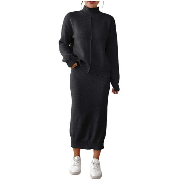 zfwon Sweater Sets Women 2 Piece Outfit Women's High Neck Sweater and Midi Skirt Soft Knit Set Stretchy Bodycon Office Dress Airport Outfit Lounge Wear Set for Fall Winter