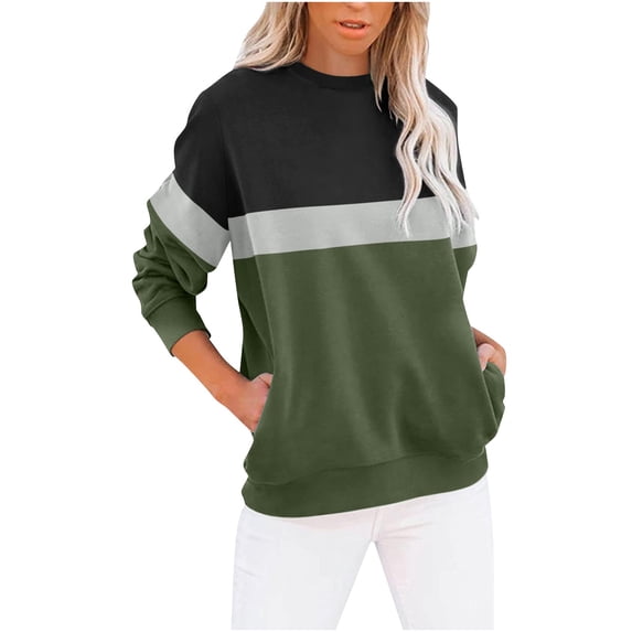 zfwon Sweatshirts for Women Colour Block Sweatshirt Round Neck Long Sleeve Jumpers Sweater Oversized Lightweight Pullover with Side Pockets Loose Fit Fall Shirts Casual Office Wear