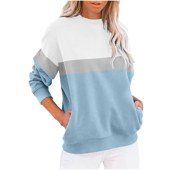 zfwon Sweatshirts for Women Colour Block Sweatshirt Round Neck Long Sleeve Jumpers Sweater Oversized Lightweight Pullover with Side Pockets Loose Fit Fall Shirts Casual Office Wear