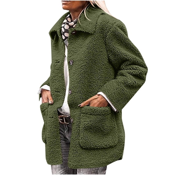 zfwon Teddy Fleece Jacket Women Winter Warm Cosy Coat Lapel Collar Long Sleeve Plush Coats with Pockets Fashionable Casual Outerwear Solid Color Lightweight