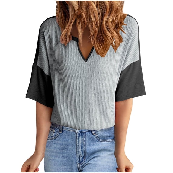 zfwon Tops for Women Waffle Knit Hollow Out Tops Short Sleeve V Neck T Shirts Color Blocked Tunic Tops Ladies Casual Loose Blouses T-Shirts Summer Tees Shirts