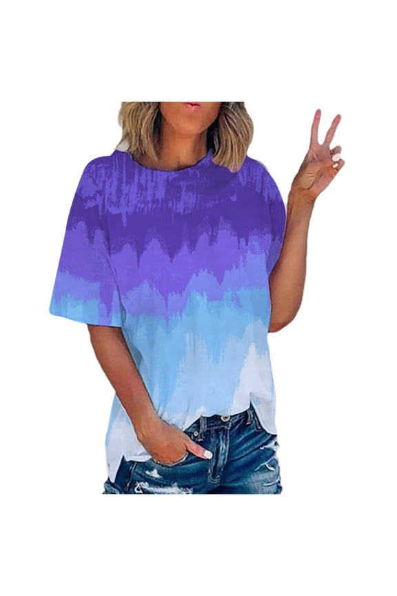 Tops for Women Women'S Plus Size Gradient Print T-Shirt - Short Sleeve Round Neck Oversized Tee Shirts Casual Color Transition Daily Tops Size 8-22