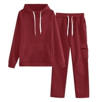 zfwon Tracksuit Womens 2 Piece Outfits Sets Long Sleeve Hooded Pullover & Wide Leg Trousers Sweatpants Matching Set Solid Colour Ladies Gym Sports Casual Activewear Loungewear Sportswear