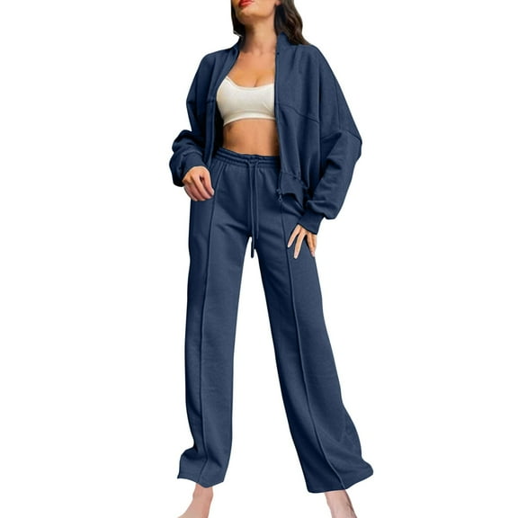 zfwon Tracksuit Womens Full Set 2 Piece Outfits Fashion Zip Up Long Sleeve Jacket & Wide Leg Pants Workout Set Casual Sweatshuit Sets Gym Activewear Autumn Winter Weat