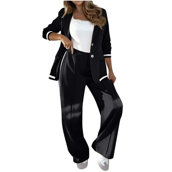 zfwon Tracksuit Womens Full Set 2 Piece Outfits Notched Lapel Long Sleeve Jackets and Straight Leg Trousers Business Work Office Casual Blazer Suit Plus Size Lounge Wear Sets
