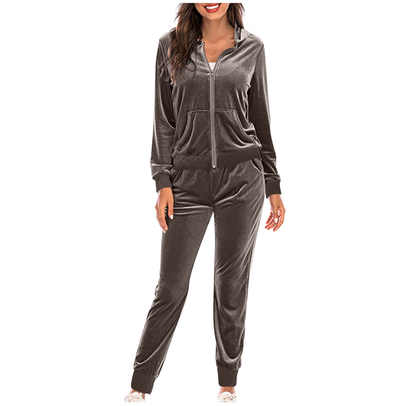 zfwon Tracksuit Womens Full Set Velvet Casual Zipper Hoodies Long