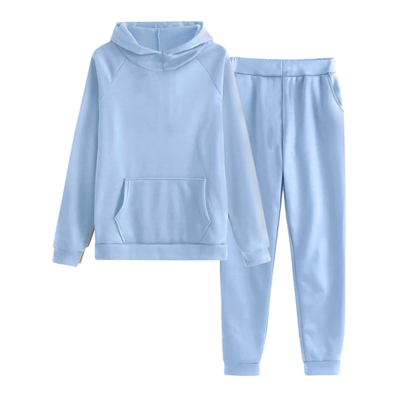 zfwon Tracksuit Womens Full Set Women's Solid Colour Long Sleeve Hoodie Pullover & Joggers Coord Set with Pocket 2 Piece Outfits Sweatsuit Sets Loungewear Sportswear Activewear