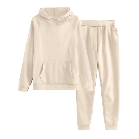 zfwon Tracksuit Womens Full Set Women's Solid Colour Long Sleeve Hoodie Pullover & Joggers Coord Set with Pocket 2 Piece Outfits Sweatsuit Sets Loungewear Sportswear Activewear