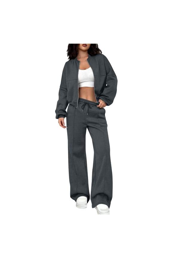 Tracksuits for Women Winter 2 Piece Gym Set Zipper Long Sleeve Sweatshirt Jacket & Casual Straight Leg Pants Matching Sets Solid Color Sweatsuits Co Ord Sets