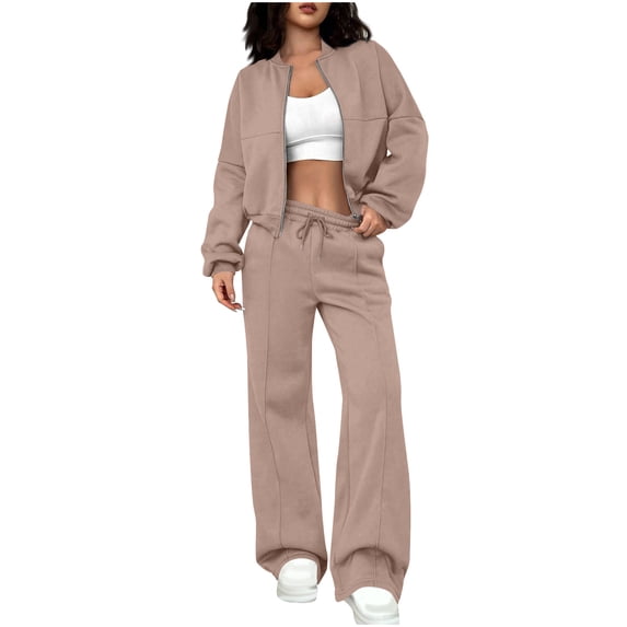 zfwon Tracksuits for Women Winter 2 Piece Gym Set Zipper Long Sleeve Sweatshirt Jacket & Casual Straight Leg Pants Matching Sets Solid Color Sweatsuits Co Ord Sets