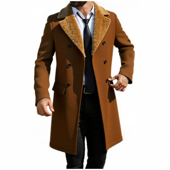 zfwon Trench Coats for Men Double Breasted Long Jackets Winter Warm Fleece Overcoats Sherpa Lined Solid Color Mid Length Coats Slim Fit Lapel Collar Jackets Outdoor Business Outerwear
