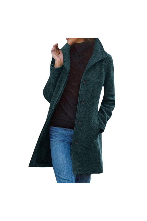 Trench Coats for WomenSolid Color Wool Blend Stand Collar Single Breasted Button Front Coat Long Sleeve Windproof with Pocketed Winter Warm Casual Outerwear