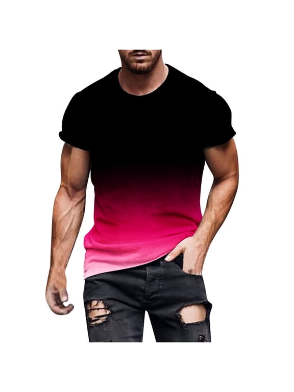 Tshirts Men Gradient Color Short Sleeve T Shirts Summer Plus Size Round Neck T-Shirts Lightweight Running Workout Tees Tops Fashion Comfy Outdoor Athletic Blouses