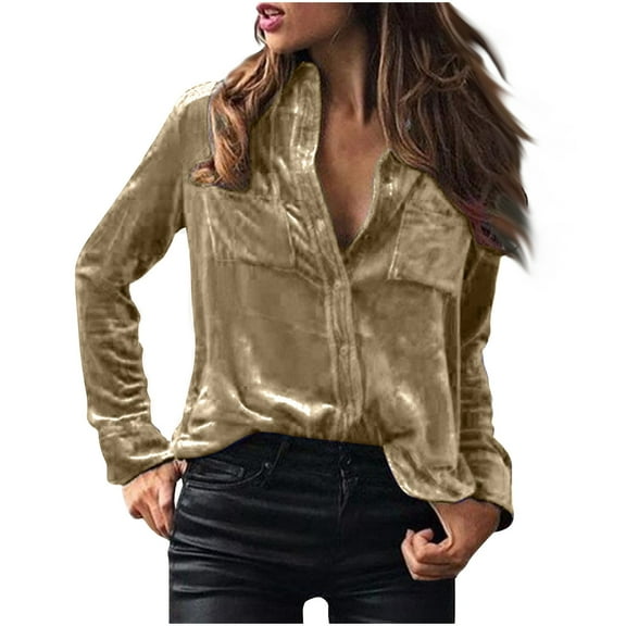 zfwon Velvet Shirt Women Button Down Long Sleeve Tunic Blouse And Shirts Vintage Velvet Tops Dressy Casual Office Work Business Formal Shirt Regular Fit Solid Color Tops with Pocket