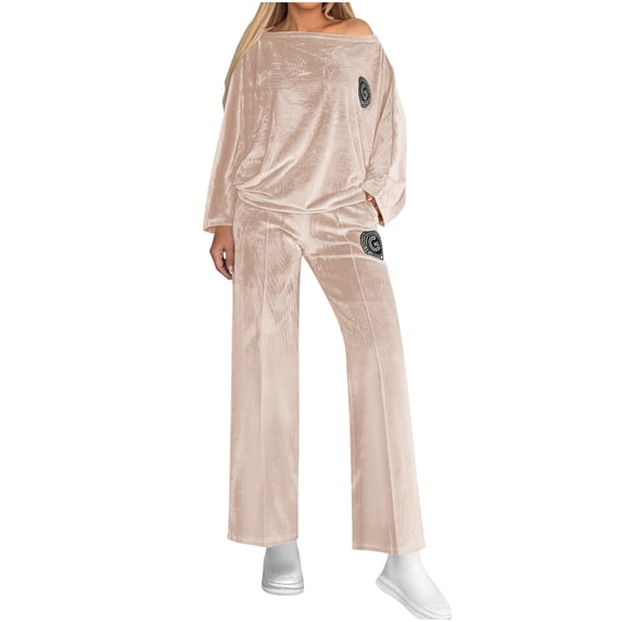 zfwon Velvet Tracksuit Womens Full Set 2 Piece Outfits Solid Color Long Sleeve Crew Neck Pullover Sweatshirt & Trousers Matching Sets Activewear Sleepwear Lounge Sets Autumn Winter Co Ord`