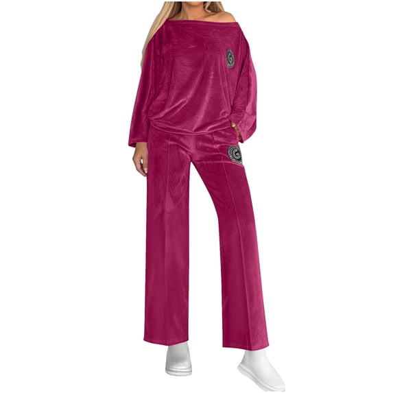zfwon Velvet Tracksuit Womens Full Set 2 Piece Outfits Solid Color Long Sleeve Crew Neck Pullover Sweatshirt & Trousers Matching Sets Activewear Sleepwear Lounge Sets Autumn Winter Co Ord`