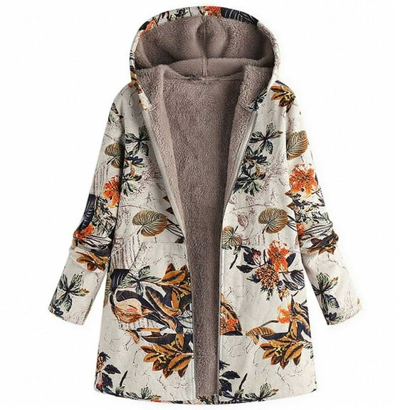 zfwon Winter Coats for Women Printed Sherpa Lined Hooded Coat Women's Graphic Pattern Oversized Hooded Jacket with Pocket Vintage Trendy Autumn Winter Boho Outerwear Streetwear