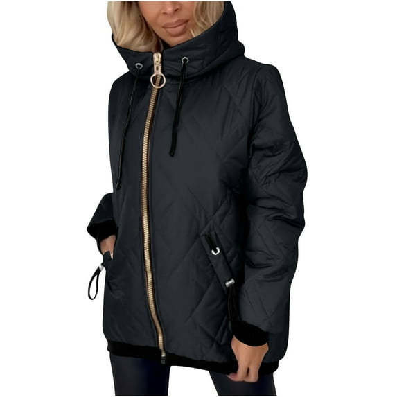 zfwon Winter Jackets for Women Zip Up Hooded Padded Jacket Plus Size Autumn Winter Thermal Long Sleeve Casual Puffer Quilted Coats with Front Pockets Windproof Outdoor Outerwear