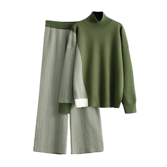 zfwon Women 2 Piece Outfits Dressy Casual Winter Knitwear Sets for Women Color Block High Neck Jumper and Wide Leg Trousers Thermal Loungewear Matching Set Soft Co-Ord Knitted Wear
