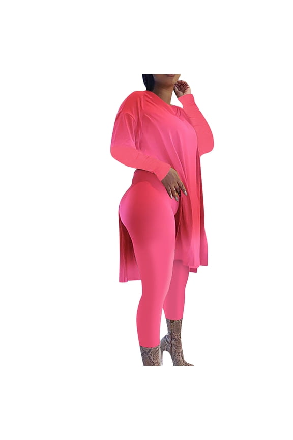 Women 2 Piece Set Outfit Plus Size X-5Xl Lightweight Crew Neck Long Sleeve Slit Tops and High Waist Leggings Matching Sets Ladies Pjs Set Loungewear Casual Modern Streetwear