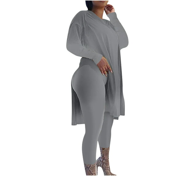 zfwon Women 2 Piece Set Outfit Plus Size X-5Xl Lightweight Crew Neck Long Sleeve Slit Tops and High Waist Leggings Matching Sets Ladies Pjs Set Loungewear Casual Modern Streetwear