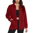 thumbnail image 1 of zfwon Women Fleece Jacket Lightweight Button Down Stand Collar Plush Coats with Pockets Long Sleeve Cardigans Women's Solid Colour Comfy Jackets Outwear Winter Warm Loungewear, 1 of 6