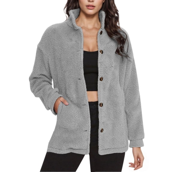 zfwon Women Fleece Jacket Lightweight Button Down Stand Collar Plush Coats with Pockets Long Sleeve Cardigans Women's Solid Colour Comfy Jackets Outwear Winter Warm Loungewear