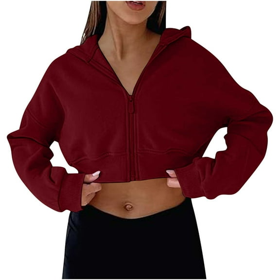 zfwon Women Hoodie Jacket Cropped Sweatshirts Y2K Streetwear Hoodies Full Zip Up Ladies Plain Hooded Sweatshirt Long Sleeve Pullover Lightweight Soft Solid Color Jacket Athletic Top
