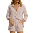 thumbnail image 1 of zfwon Women'S Casual Co Ord Set Solid Color Long Sleeve Collared Button Shirts & Elastic Waist Shorts with Pocket 2 Piece Outfits Matching Sets Lounge Wear Outfits, 1 of 7
