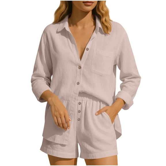 zfwon Women'S Casual Co Ord Set Solid Color Long Sleeve Collared Button Shirts & Elastic Waist Shorts with Pocket 2 Piece Outfits Matching Sets Lounge Wear Outfits