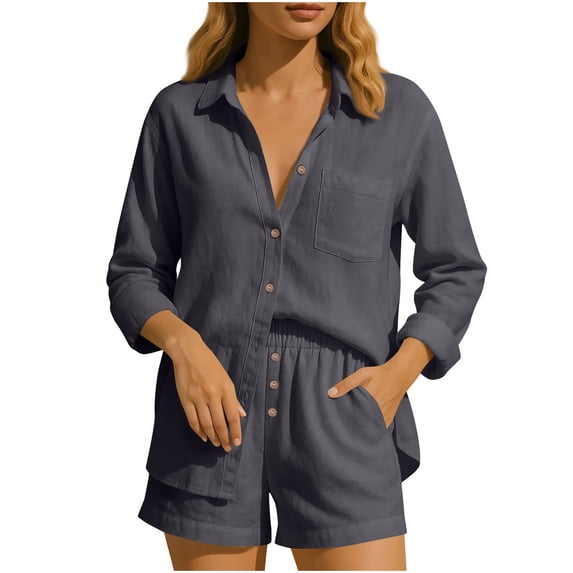 zfwon Women'S Casual Co Ord Set Solid Color Long Sleeve Collared Button Shirts & Elastic Waist Shorts with Pocket 2 Piece Outfits Matching Sets Lounge Wear Outfits