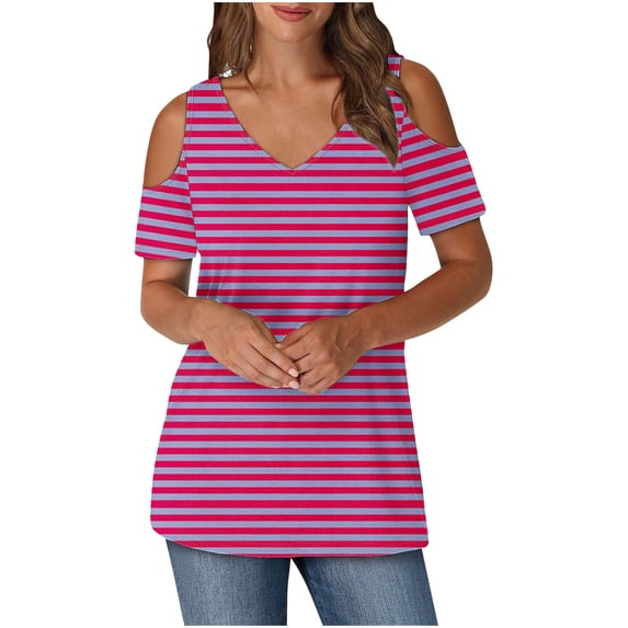 zfwon Women'S Casual Cold Shoulder T Shirt V Neck Short Sleeve Blouse Tunic Tops Sexy Casual Comfy T Shirt Colorblocked Gradient Print T-Shirt Pullover Tees Shirts