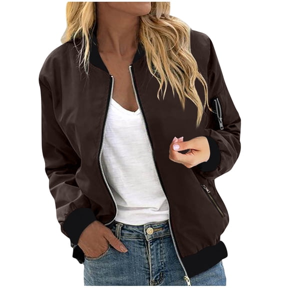 zfwon Women'S Lightweight Bomber Jackets Vintage Casual Zip Up Flight Jacket Solid Color Spring Autumn Long Sleeve Jacket Coats with Pockets Outdoor Windbreak Raincoat