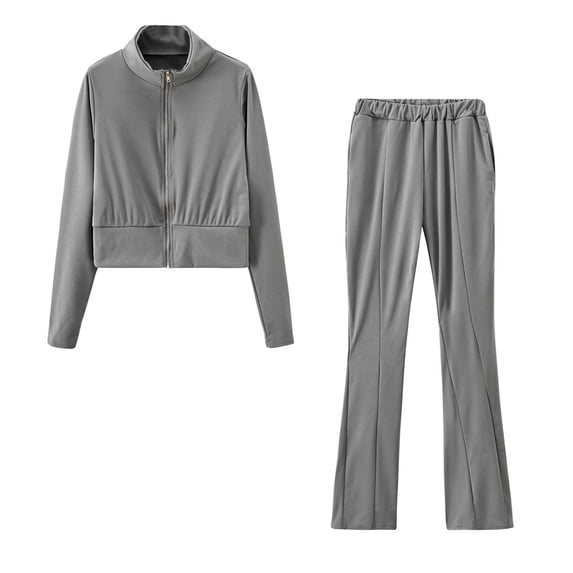 zfwon Women Tracksuit Set 2 Piece Outfits Wommen'S Solid Colour Stand Collar Long Sleeve Jacket and Flared Trousers Matching Set Jogging Suits Athletic Outfit Loungwear
