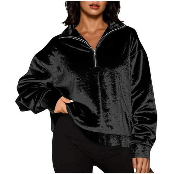 zfwon Women Velvet Tops 1/4 Zipper Neck Long Sleeve Pullover Ladies Elegant Lapel Solid Color Blouses Comfortable Work Office T Shirts Fashion Going Out T Shirts Fall Spring