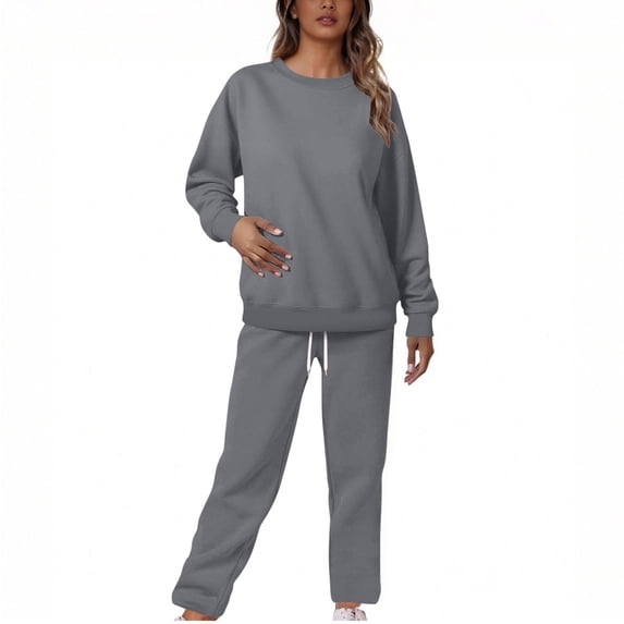 zfwon Women's 2 Piece Outfits Lounge Set Basic Plain Long Sleeve Crew Neck Sweatshirt & Jogger Pants Matching Set Solid Colour Casual Tracksuit Sets for Gym Sports Travel