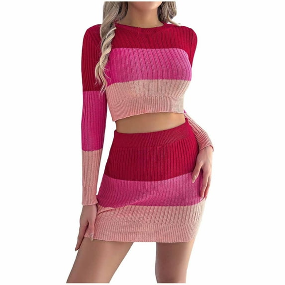 zfwon Women's 2 Piece Outfits Sweater Set Color Blocked Crew Neck Long Sleeve Sweater & Bodycon Mini Skirts Stretchy Knitwear for Autumn Winter Casual & Travel Outfits
