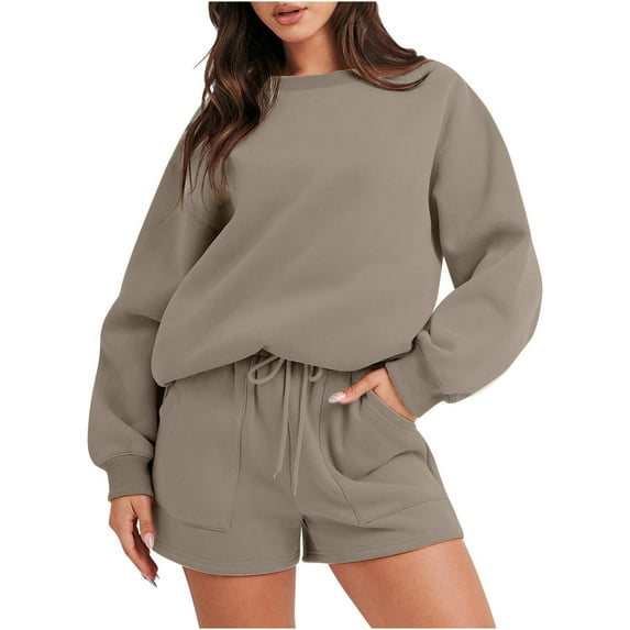 zfwon Women's 2 Piece Sets Outfits Casual Long Sleeve Sweatsuits Sets Short Tracksuit Set Crewneck Loose Sweatshirt and Lounge Shorts with Pockets Loose Fit Loungwear Sports Activewear