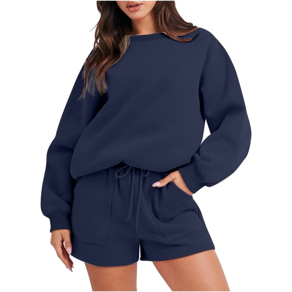 zfwon Women's 2 Piece Sets Outfits Casual Long Sleeve Sweatsuits Sets Short Tracksuit Set Crewneck Loose Sweatshirt and Lounge Shorts with Pockets Loose Fit Loungwear Sports Activewear
