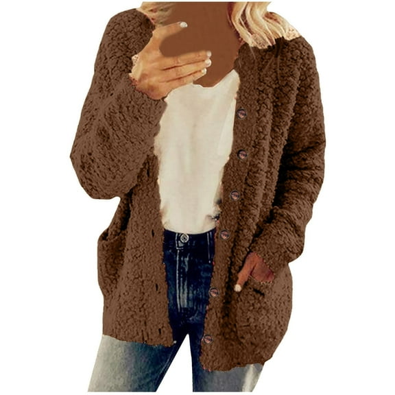 zfwon Women's Autumn Winter Casual Fleece Plush Jacket Coat Plus Size with Pockets, Long Sleeve Oversized Outerwear Warm Cozy Loose Fit Outerwear Tunic Top Blouse Shirt