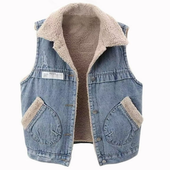 zfwon Women's Denim Vest with Fleece Lined Shearling Plush Thick Sleeveless Waistcoat Tops for Women Cropped Jean Vest Jacket Coat Winter Fuzzy Warm Outerwear with Pockets