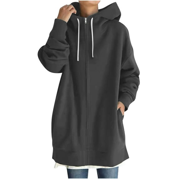 zfwon Women's Mid Length Hooded Sweatshirt Ladies Plain Zip Up Jacket Solid Color Long Sleeve Hoodies Casual Coat with Pockets Plus Size S-5XL Autumn Winter Outerwear Hooded Top