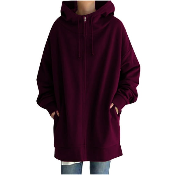 zfwon Women's Mid Length Hooded Sweatshirt Ladies Plain Zip Up Jacket Solid Color Long Sleeve Hoodies Casual Coat with Pockets Plus Size S-5XL Autumn Winter Outerwear Hooded Top