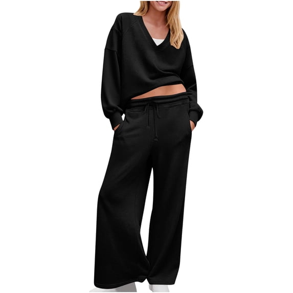 zfwon Women's Tracksuits 2 Piece Outfits Co Ords Sets Women's V-Neck Long Sleeve Pullover Sweatshirt & Wide Leg Trousers Sweatsuit Solid Colour Autumn Tracksuit Relaxed Fit Casual Wear