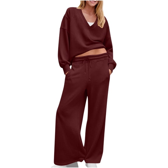 zfwon Women's Tracksuits 2 Piece Outfits Co Ords Sets Women's V-Neck Long Sleeve Pullover Sweatshirt & Wide Leg Trousers Sweatsuit Solid Colour Autumn Tracksuit Relaxed Fit Casual Wear