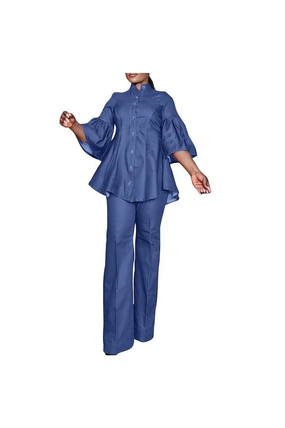 Womens 2 Piece Outfits Denim Sets Elegant Casual Chic Outfit Button Down Ruffle 3/4 Sleeve Tunic Blouse and Wide Leg Trousers Sets Blazer Suits Trouser Suits for Women UK Wedding