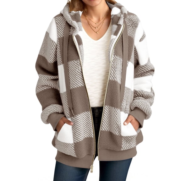 zfwon Womens Cozy Warm Plaid Fleece Hooded Zipper Jacket Autumn Winter Warm Long Sleeve Coat with Pockets Casual Loungewear Plus Size Outerwear Casual Outdoor Activities Wear