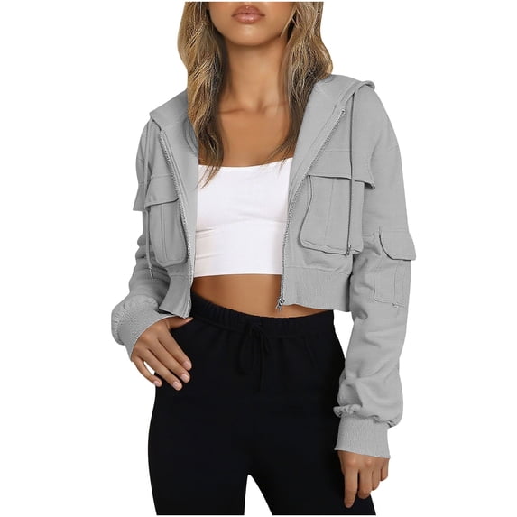 zfwon Womens Cropped Zip Up Hoodie with Utility Pockets Drawstring Hooded Jacket Solid Colour Athletic Sweatshirts Long Sleeve Sport Casual Coats Y2K Streetwear Trendy